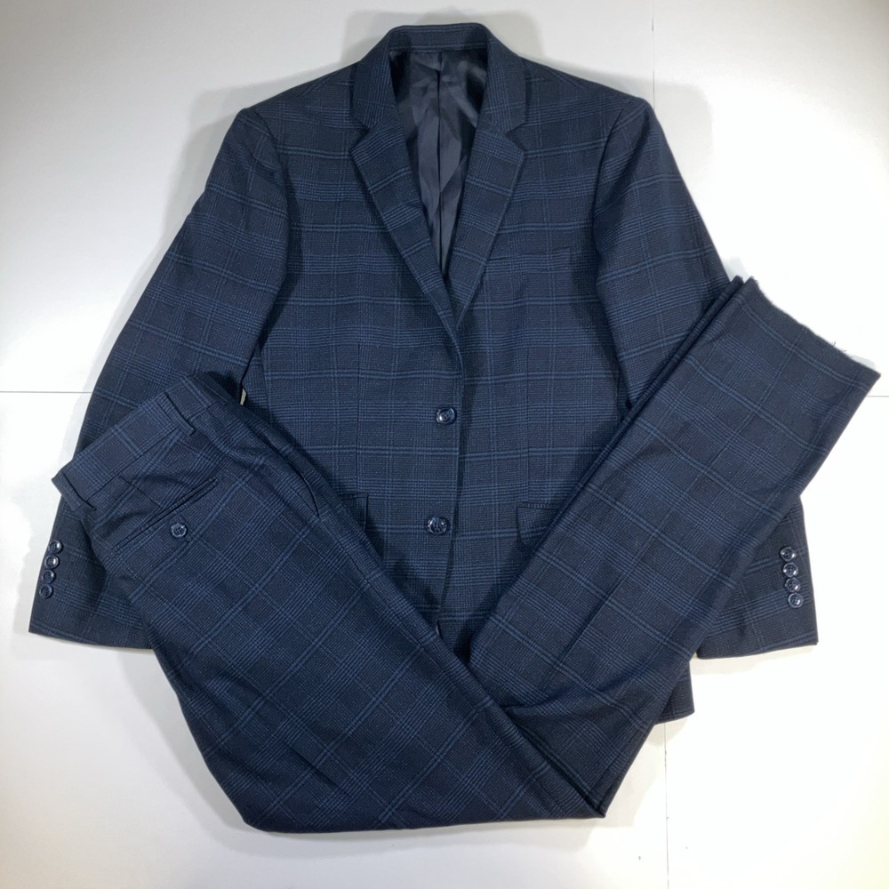 Alain Dupetit Suit Mens 36S 30W Slim Blue Glen Plaid Unhemmed Pants